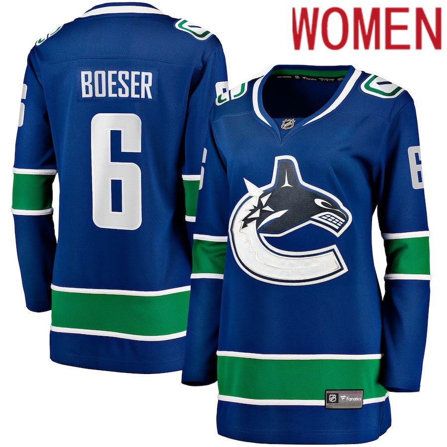 Women Vancouver Canucks 6 Brock Boeser Fanatics Branded Blue Home Breakaway NHL Jersey